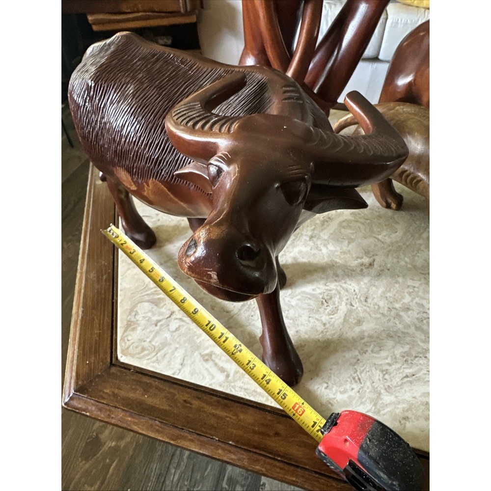 Vintage Solid Wood Water‎ Buffalo Hand Carved Sculpture Large 12.5" Height